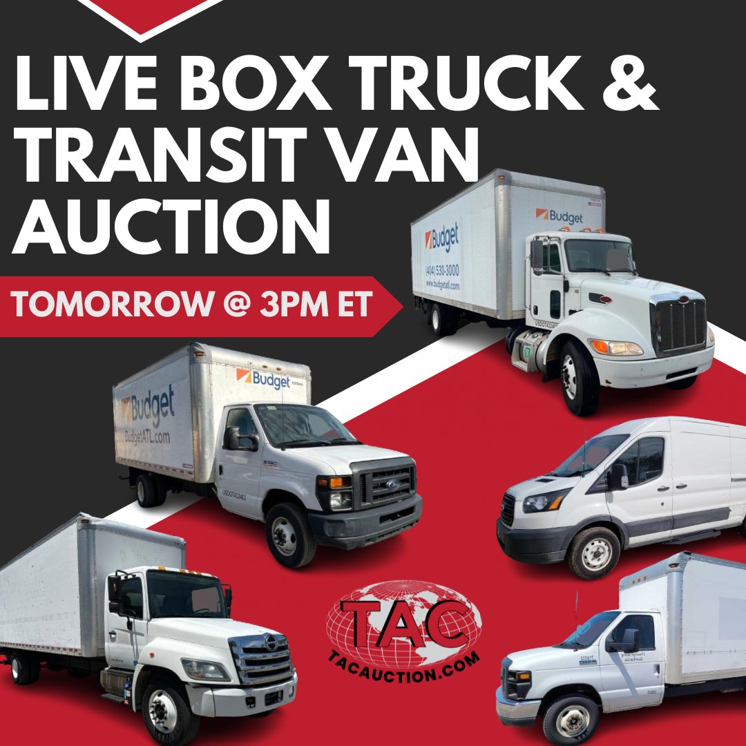 tac_auction's tweet photo. Live Virtual Budget Box Truck &amp; Transit Van Auction: TOMORROW @ 3PM ET

https://t.co/ofZt7IKsdh

#tacauction #onlineauction #registertobid #boxtrucks #transitvans #budgettrucks https://t.co/0losse0qH4