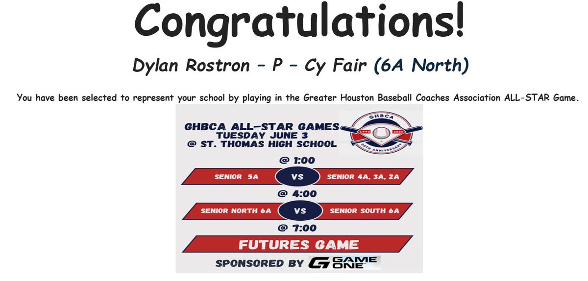 Dylan Rostron (@dylanrostron1) on Twitter photo X Post suggestion
@HTXareabaseball
<a href="/DWoo22/">David Wood</a>
<a href="/2Desoto/">JDeSoto2🇬🇺</a>
<a href="/GHellstrom31/">Gunner Hellstrom</a>
<a href="/CyFairBaseball/">Cy-Fair Bobcats Baseball</a>
<a href="/ScorpionsBsb1/">Scorpions HS Baseball</a>
<a href="/OdessaCBaseball/">Odessa College Baseball</a>
Blessed to receive these post season awards and selection to the GHBCA All Star game
*1st Team 17-6A All District pitcher
*CF Pitcher of the year
*GHBCA 6A X Post suggestion
@HTXareabaseball
<a href="/DWoo22/">David Wood</a>
<a href="/2Desoto/">JDeSoto2🇬🇺</a>
<a href="/GHellstrom31/">Gunner Hellstrom</a>
<a href="/CyFairBaseball/">Cy-Fair Bobcats Baseball</a>
<a href="/ScorpionsBsb1/">Scorpions HS Baseball</a>
<a href="/OdessaCBaseball/">Odessa College Baseball</a>
Blessed to receive these post season awards and selection to the GHBCA All Star game
*1st Team 17-6A All District pitcher
*CF Pitcher of the year
*GHBCA 6A
