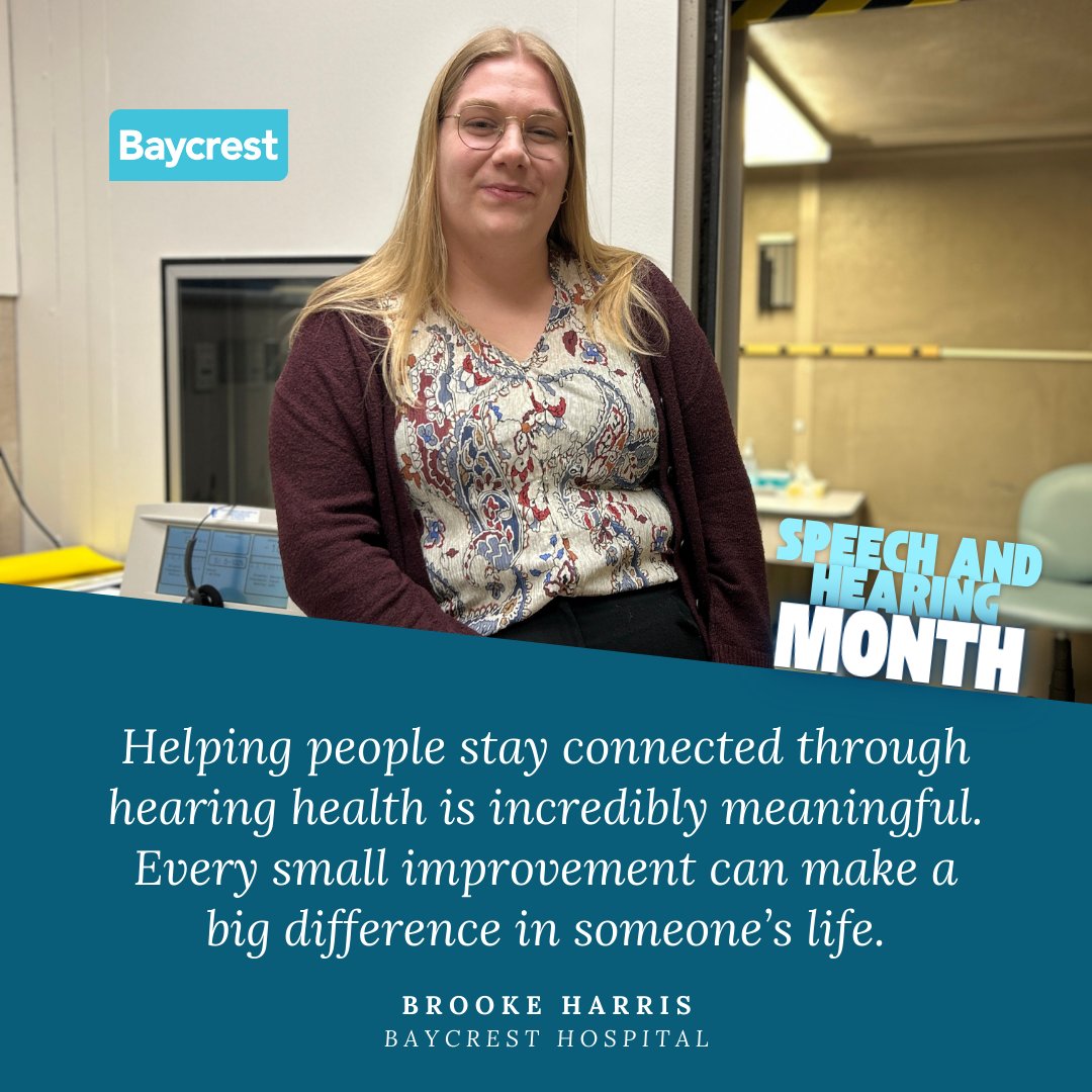 Baycrest's tweet photo. May is Speech and Hearing Month. Thank you to Brooke Harris, Audiologist at Baycrest, for helping clients stay connected through better hearing health and support. Every small improvement makes a big difference. #SpeechAndHearingMonth #Baycrest https://t.co/bUA1st3maV
