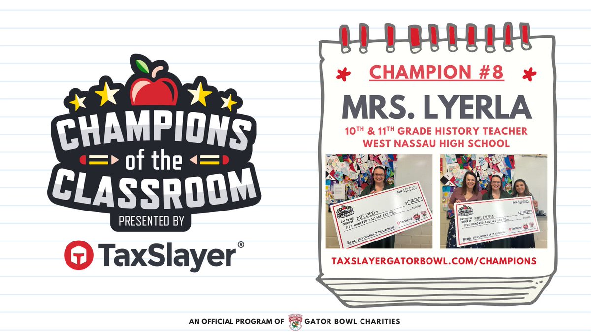Mrs. Lyerla is our next Champion of the Classroom presented by <a href="/TaxSlayer/">TaxSlayer</a>!

She teaches 10th &amp; 11th grade history in <a href="/NassauSchoolsFL/">Nassau County School</a> and recently took time off to became a new mom before returning to West Nassau High School for the end of the school year! 🍎