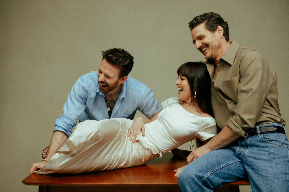 Dakota Johnson, Chris Evans and Pedro Pascal photographed by Charlie Clift for ‘MATERIALISTS’ press.