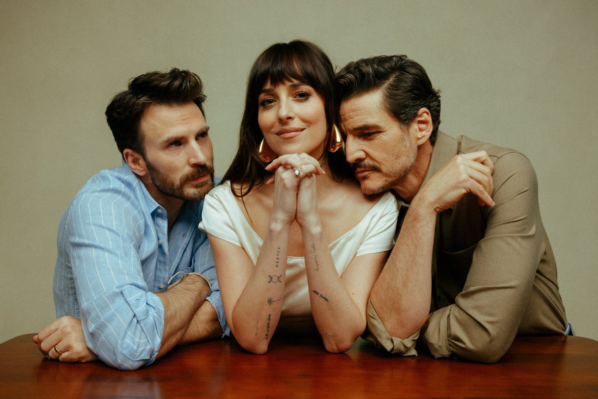 FilmUpdates's tweet photo. Dakota Johnson, Chris Evans and Pedro Pascal photographed by Charlie Clift for ‘MATERIALISTS’ press. https://t.co/k0eKSalM8H