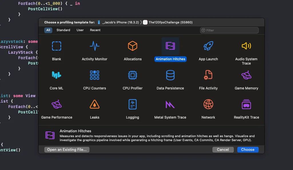 jacobtechtavern's tweet photo. SwiftUI scroll performance: How I profiled frame drops using vsync 

I performed all the testing on Low Power Mode, where the system is throttled. Smooth scrolling on Low Power is a great benchmark for high performance. I used the Animation Hitches instrument as well as the Xcode memory usage debug tool. 

VStack (first vsync trace image) immediately froze up when I loaded into the app. This huge initial hang is because VStacks load and render the entire view hierarchy when they display. This meant all 1,000 cells were being loaded and laid out simultaneously. Once it had finished loading, I could now interact with the scroll view, but experienced frame drops Look at the VSync Instruments trace - while some frames rendered in the expected 16.67ms (60fps), many took far longer, which manifested as many dropped frames per second. Eagerly loading 1,000 views all at once also created a massive memory spike accompanying the hang, which never went away since the views were all held in memory.

LazyVStack (second vsync trace image) on loading and scrolling is much more healthy. You can see in the trace that VSync comfortably pushes each frame at the required 16.67ms interval for 60fps, even on Low Power Mode. Scrolling down through hundreds of items, we get a few very minor frame drops but no hangs. From the point of View of SwiftUI, only a few items are on-screen at once, so it can all be comfortably computed and rendered in the milliseconds between each frame.

List (final vsync trace image) was the best, just inching out LazyVStack. No hangs. No hitches. No nuffin’. Effortless 60fps on Low Power Mode. When dynamically sizing our cell content, I found a few one-and-two frame hitches when scrolling very fast, but certainly less than we saw with the LazyVStack.

Link in first reply.