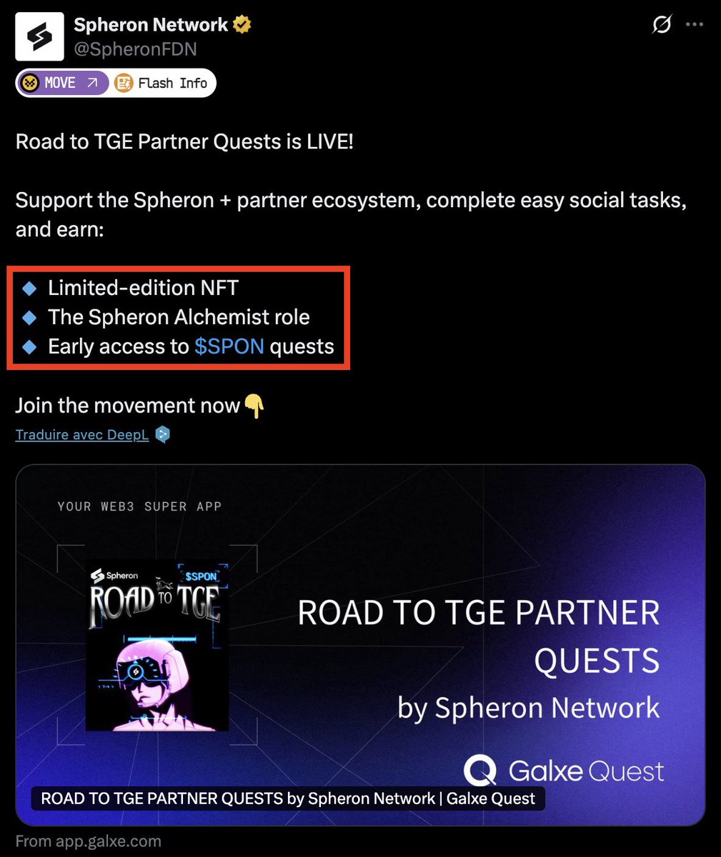 BlockBeaconn's tweet photo. Spheron Airdrop Confirmed 🪂‼️
Claim a Limited NFT + Alchemist Role
👉 Complete the new Galxe Quest: Road To TGE
 https://t.co/XvI2B2OYKj

Do it before TGE! $7M raised — $SPON confirmed ✅ https://t.co/uaRz0Co5sP
