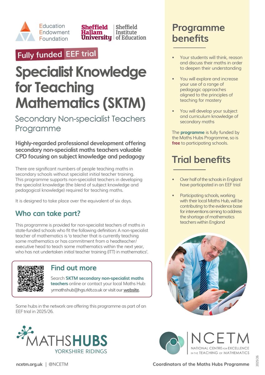 Struggling with maths teacher recruitment? The NCETM’s fully-funded SKTM Programme for Secondary Non-specialist Teachers is the focus of a new EEF-funded trial! Help secure its future while strengthening your department.

Book your place by 12/06 rb.gy/p2pgv2

<a href="/NCETM/">NCETM</a>