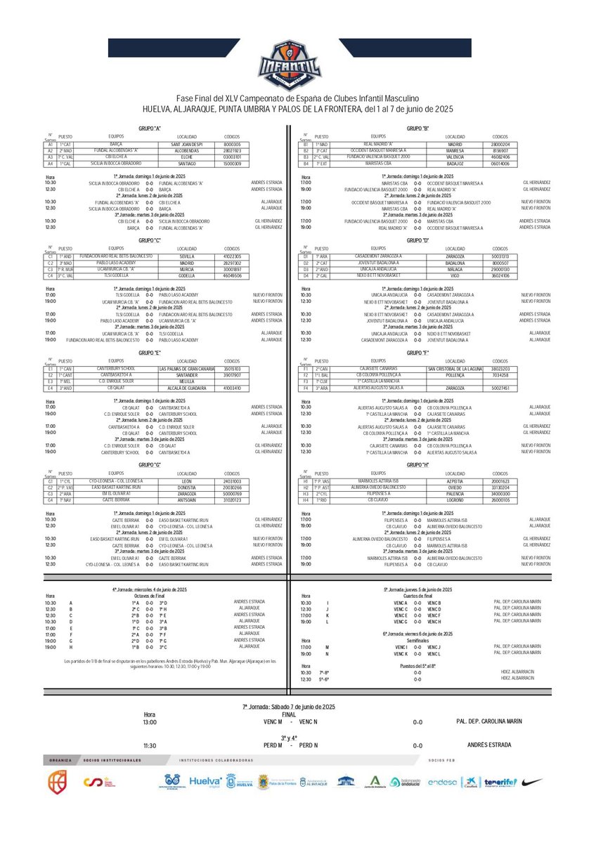 Cantera_Basket's tweet photo. #Cantera 🔊 CALENDARIO del Campeonato de España de Clubes Infantil Masculino 2025. 🔜🏀

📆 1-7 de junio 
📍 Huelva

#FEBInfantilM2025 #SomosEquipo https://t.co/2KAqLsHSRk