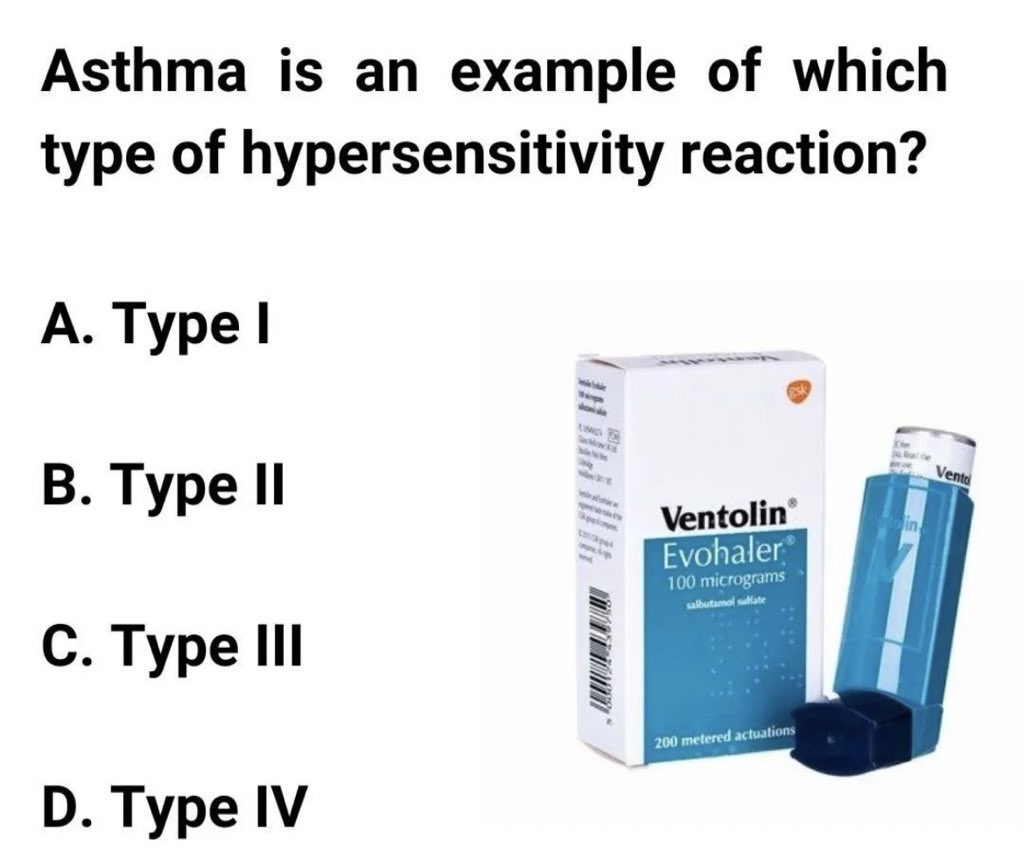 Dr Honey choudhary 🩺 (@doctors__squad) on Twitter photo Asthma is an example of which type of hypersensitivity reaction? Asthma is an example of which type of hypersensitivity reaction?