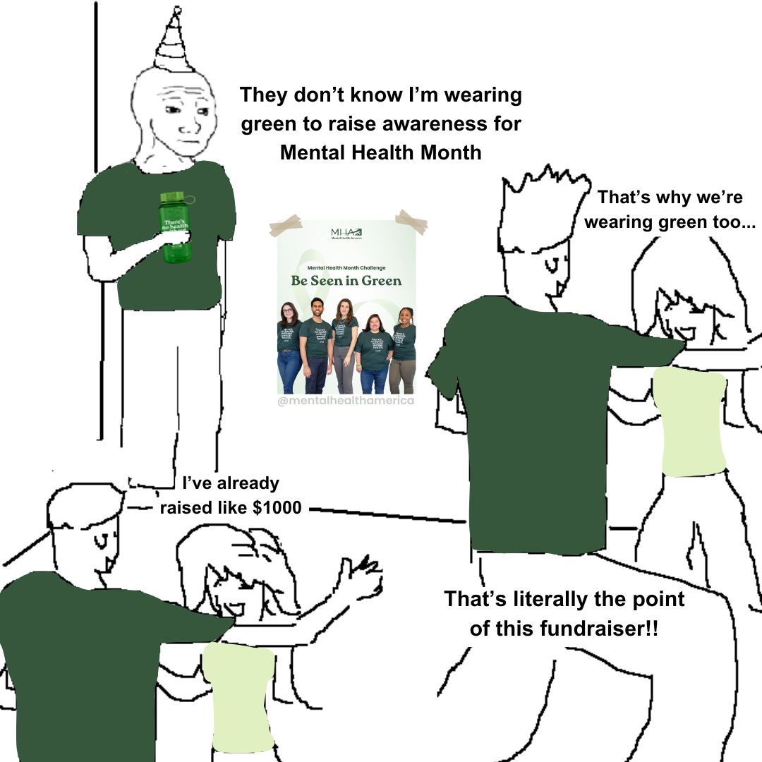MentalHealthAm's tweet image. #MentalHealthMonth is almost over, but there's still plenty of time to Be Seen in Green this May! 💚🤭 

Support MHA’s mission this May with a donation! Every dollar makes a difference. 

Learn more about the Be Seen in Green initiative at mhanational.org/mental-health-…
