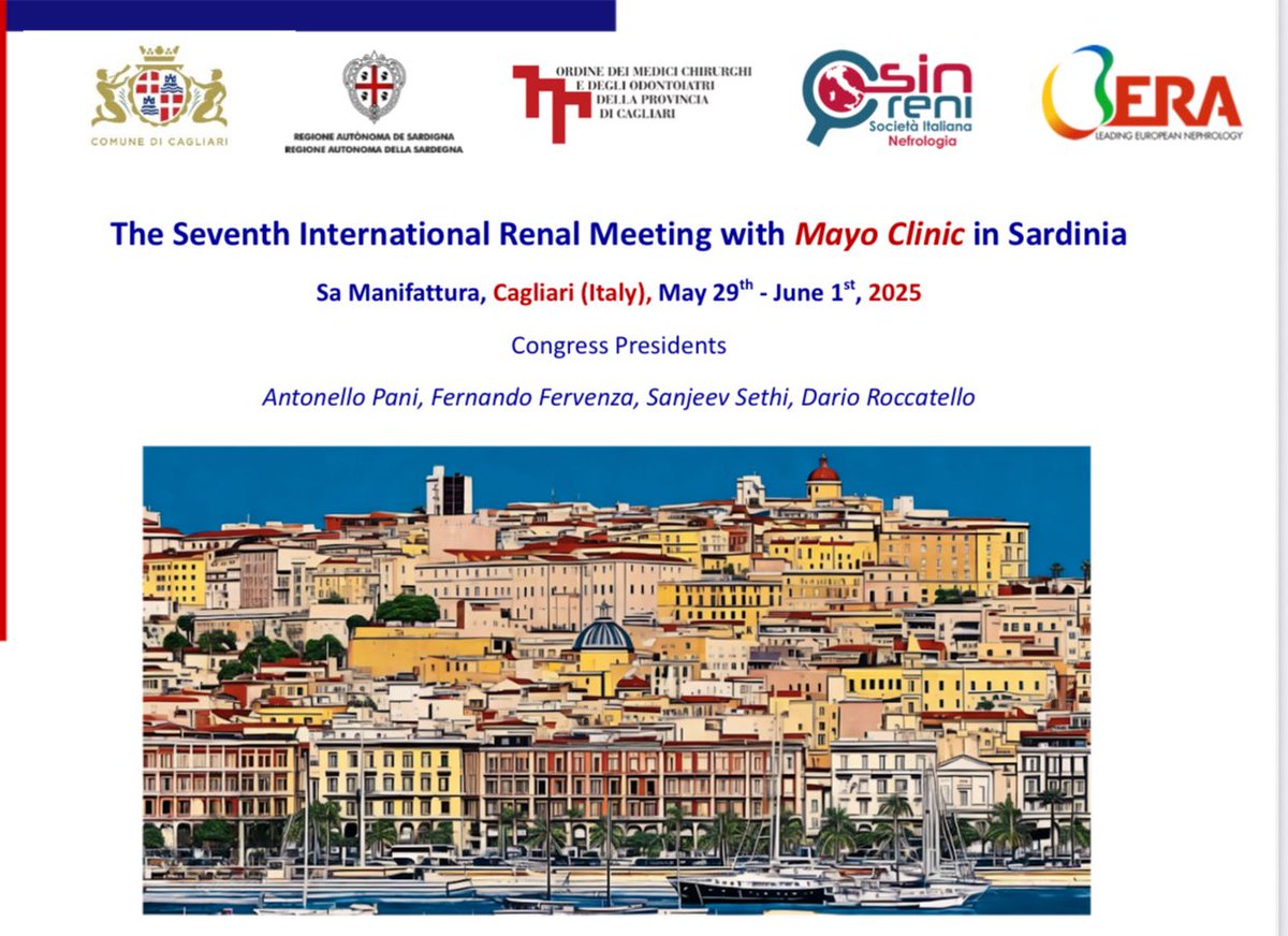 Mayo Clinic Nephrology (@mayoclinicneph) on Twitter photo The 7th International Renal Meeting with <a href="/MayoClinicNeph/">Mayo Clinic Nephrology</a> in Sardinia.
From the 1st congress in 2011 to our 7th International Renal Meeting (May 29–June 1, 2025), we have exchanged fellows, co-authored many research projects.
Join us in Cagliari 🇮🇹
sardiniameeting.it/event/the-seve… The 7th International Renal Meeting with <a href="/MayoClinicNeph/">Mayo Clinic Nephrology</a> in Sardinia.
From the 1st congress in 2011 to our 7th International Renal Meeting (May 29–June 1, 2025), we have exchanged fellows, co-authored many research projects.
Join us in Cagliari 🇮🇹
sardiniameeting.it/event/the-seve…