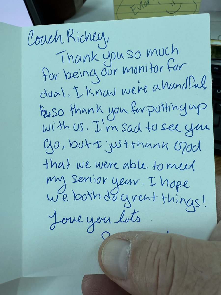 Blessed teacher moment. One of my seniors gave me this yesterday. Figured it was a graduation announcement, but this was so much better. One of our seniors gave thank you notes to all of her teachers yesterday. 
This is way better than any teacher appreciation gift!