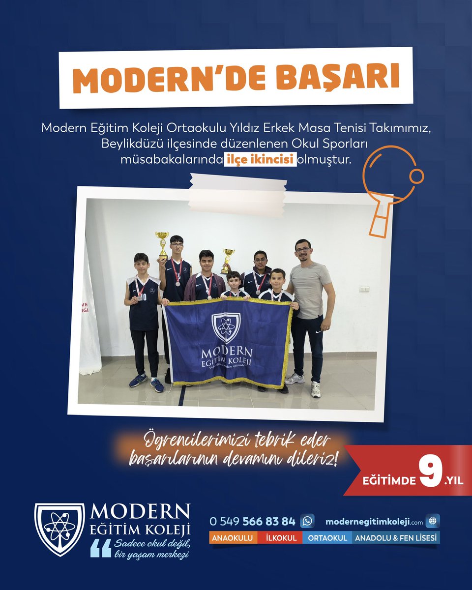 Okul Sporları kapsamında Beylikdüzü ilçemizde yapılan Masa Tenisi Yıldız Erkek müsabakasına katılan Modern Eğitim Koleji  Ortaokulu Masa Tenisi Takımı öğrencilerimiz ilçe 2. olmuştur. 
Öğrencilerimiz tebrik eder, başarılarının devamını dileriz.