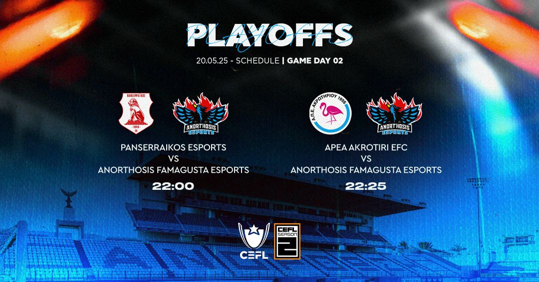 🔥GAMEDAY 02 - PLAYOFFS

⚔️Panserraikos eSports
⏰22:00
⚔️APEA Akrotiri EFC
⏰22:25

#For1911Reasons #FreedomToFamagusta #CEFL