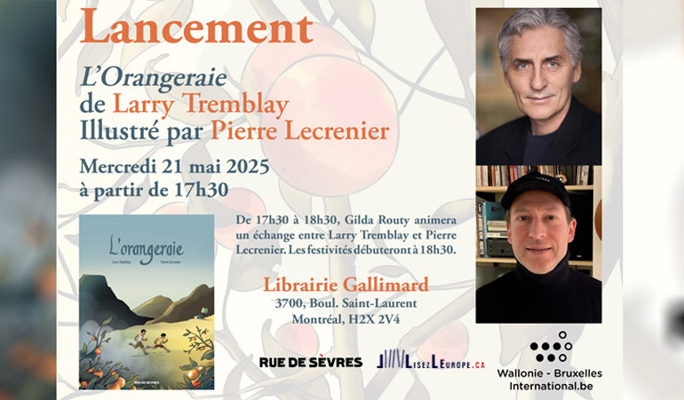 Délégation Wallonie-Bruxelles Québec/Canada (@walbru_qcca) on Twitter photo RDV #demain pour une discussion inédite entre <a href="/PierreLecrenier/">Pierre Lecrenier</a> (FWB) et <a href="/larryztremblay/">Larry Tremblay</a> (QC) pour le lancement de l'adaptation BD de « L'Orangeraie »
<a href="/ruedesevresBD/">Rue de Sèvres</a> <a href="/WBI_tweet/">WBI</a> <a href="/WalBru_QCCA/">Délégation Wallonie-Bruxelles Québec/Canada</a>
<a href="/GI_Montreal/">Goethe-Institut Montreal</a> #Cercledelecture #LisezlEurope #lisezvouslebelge #BD #quebec #FWB #collab RDV #demain pour une discussion inédite entre <a href="/PierreLecrenier/">Pierre Lecrenier</a> (FWB) et <a href="/larryztremblay/">Larry Tremblay</a> (QC) pour le lancement de l'adaptation BD de « L'Orangeraie »
<a href="/ruedesevresBD/">Rue de Sèvres</a> <a href="/WBI_tweet/">WBI</a> <a href="/WalBru_QCCA/">Délégation Wallonie-Bruxelles Québec/Canada</a>
<a href="/GI_Montreal/">Goethe-Institut Montreal</a> #Cercledelecture #LisezlEurope #lisezvouslebelge #BD #quebec #FWB #collab
