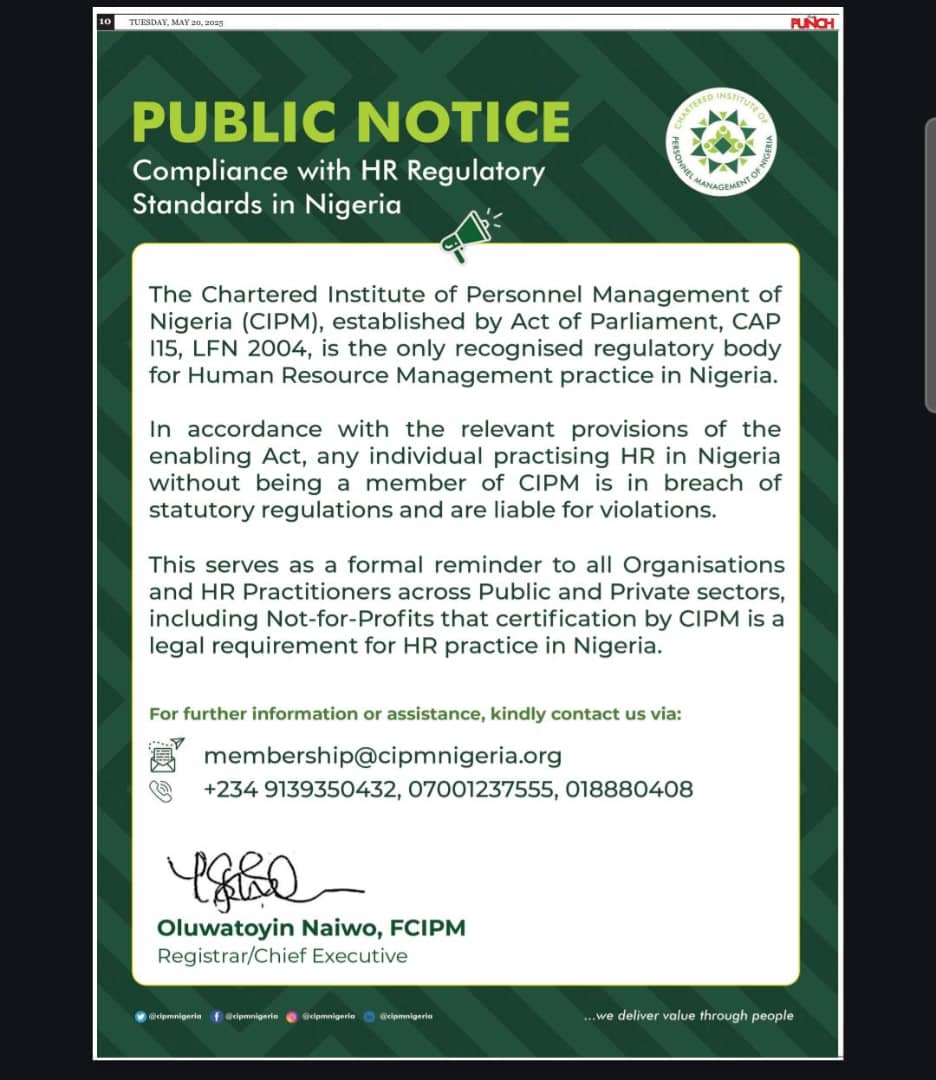 cipmnigeria's tweet photo. Are you practicing HR in Nigeria?

CIPM is the only legally recognised HR regulatory body.

✅ Certification is mandatory

❌ No membership = non-compliance

Be compliant. Be certified.

#CIPMCertified #HRCompliance #InternationalHRDay #WeAreHR #HumanResources https://t.co/3DAlmIVvX6