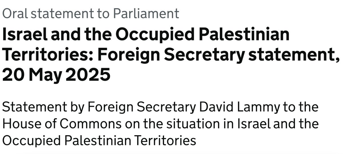 Full Statement by UK FM Lammy:

"Israel’s actions are intolerable"

"repellent"

"monstrous"

"morally unjustifiable, wholly disproportionate and utterly counter-productive"

"The world is judging. History will judge them."

"This is indefensible and it must stop."