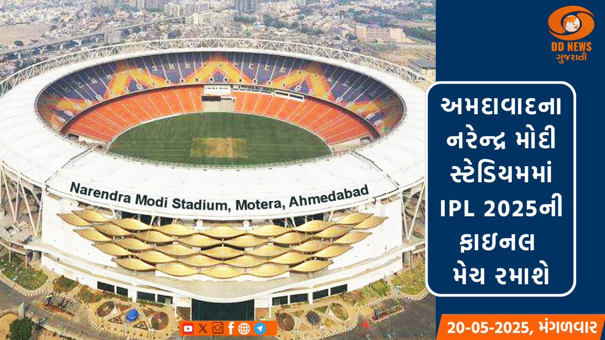 DDNewsGujarati's tweet photo. અમદાવાદના નરેન્દ્ર મોદી સ્ટેડિયમમાં IPL 2025ની ફાઇનલ મેચ રમાશે
વધુ વાંચો: https://t.co/iirWHN3EUL
#IPL2025 #IPLFinalMatch #NarendraModiStadium #Cricket #Ahmedabad #DDNewsGujatati https://t.co/Zaxte9gjF6