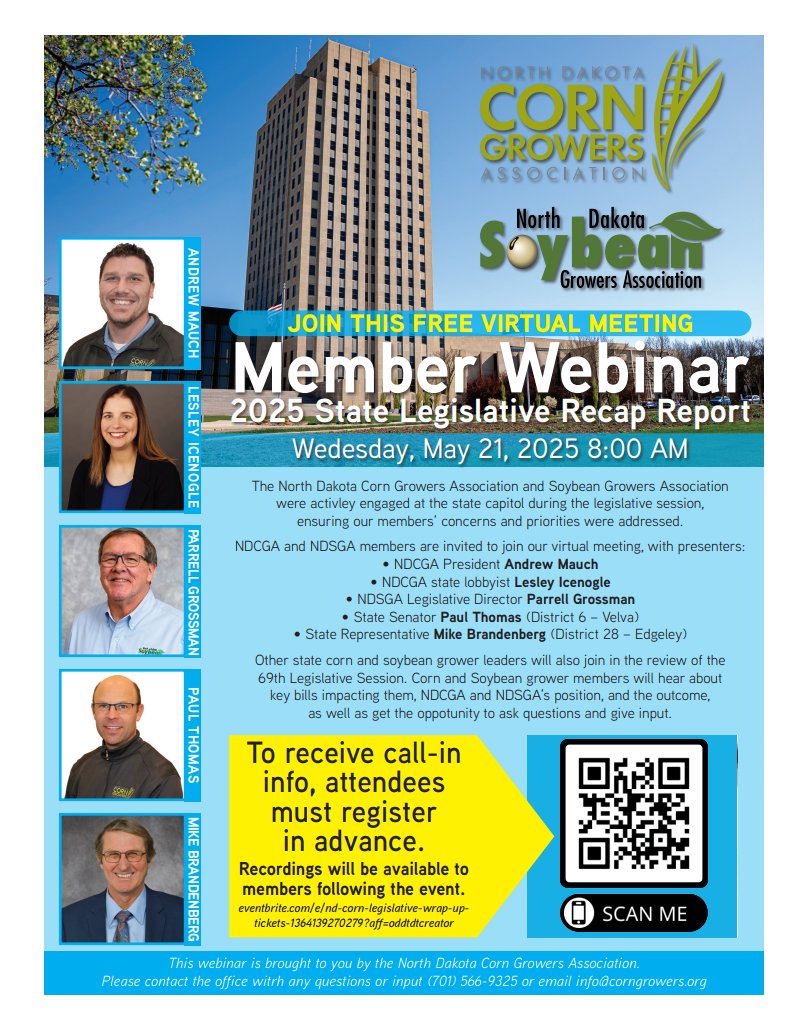 🌽TOMORROW!  ND corn &amp; soybean growers! Don’t miss the Legislative Wrap-Up Webinar—get the latest from the 69th session &amp; hear from key ag leaders.

📅 May 21 | ⏰ 8 AM CT | 💻 FREE for members
🔗 Register: bit.ly/NDLegWrap2025
#NDCorn #AgPolicy #FarmStrong #NDLegislature