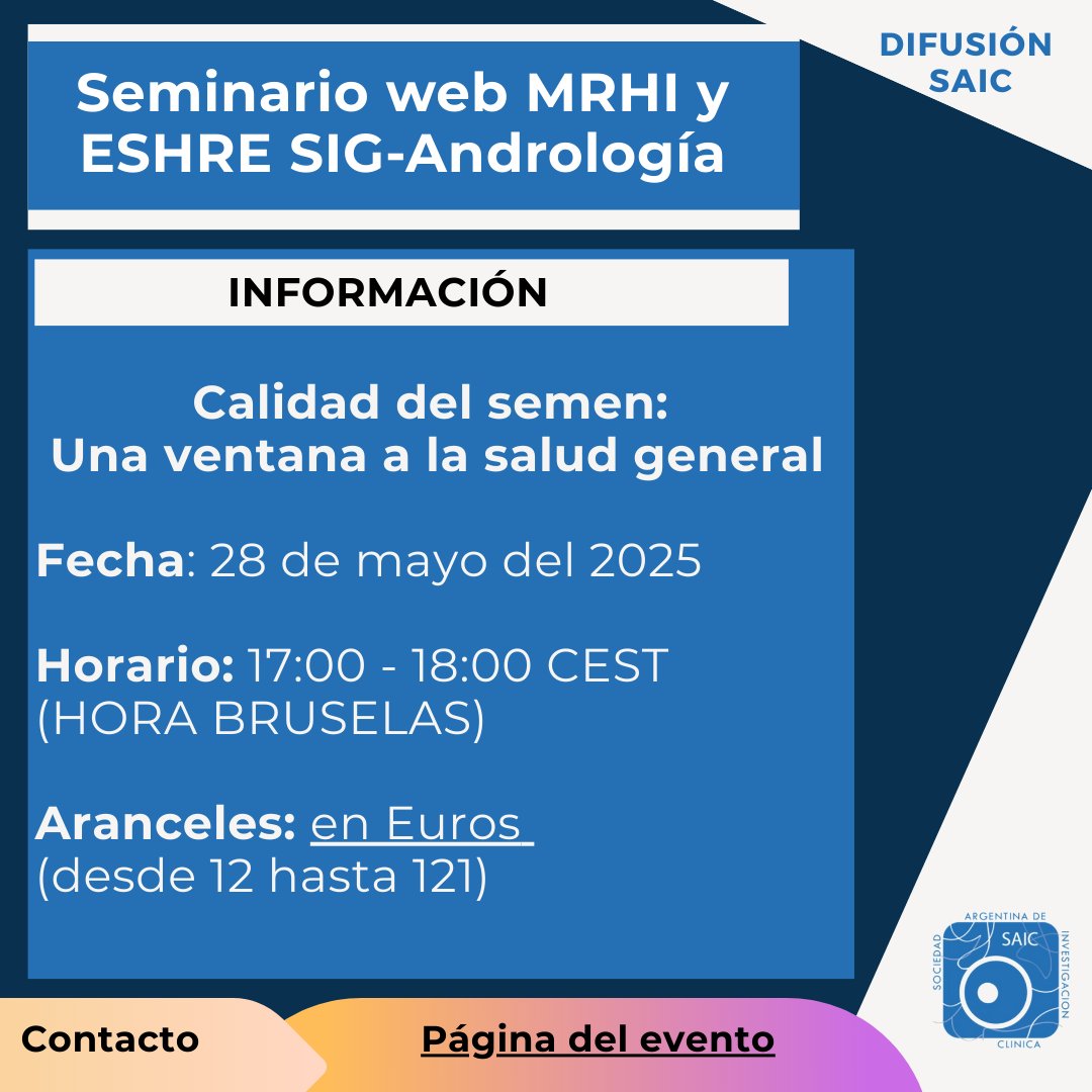 Seminario web MRHI y ESHRE SIG-Andrología

28 de Mayo de 2025 17:00 - 18:00 CEST (HORA BRUSELAS)

Calidad del semen: Una ventana a la salud general

Para inscribirse ir a
eshre.eu/en/Education/W…

x.com/eshre

#seminario
#28demayo