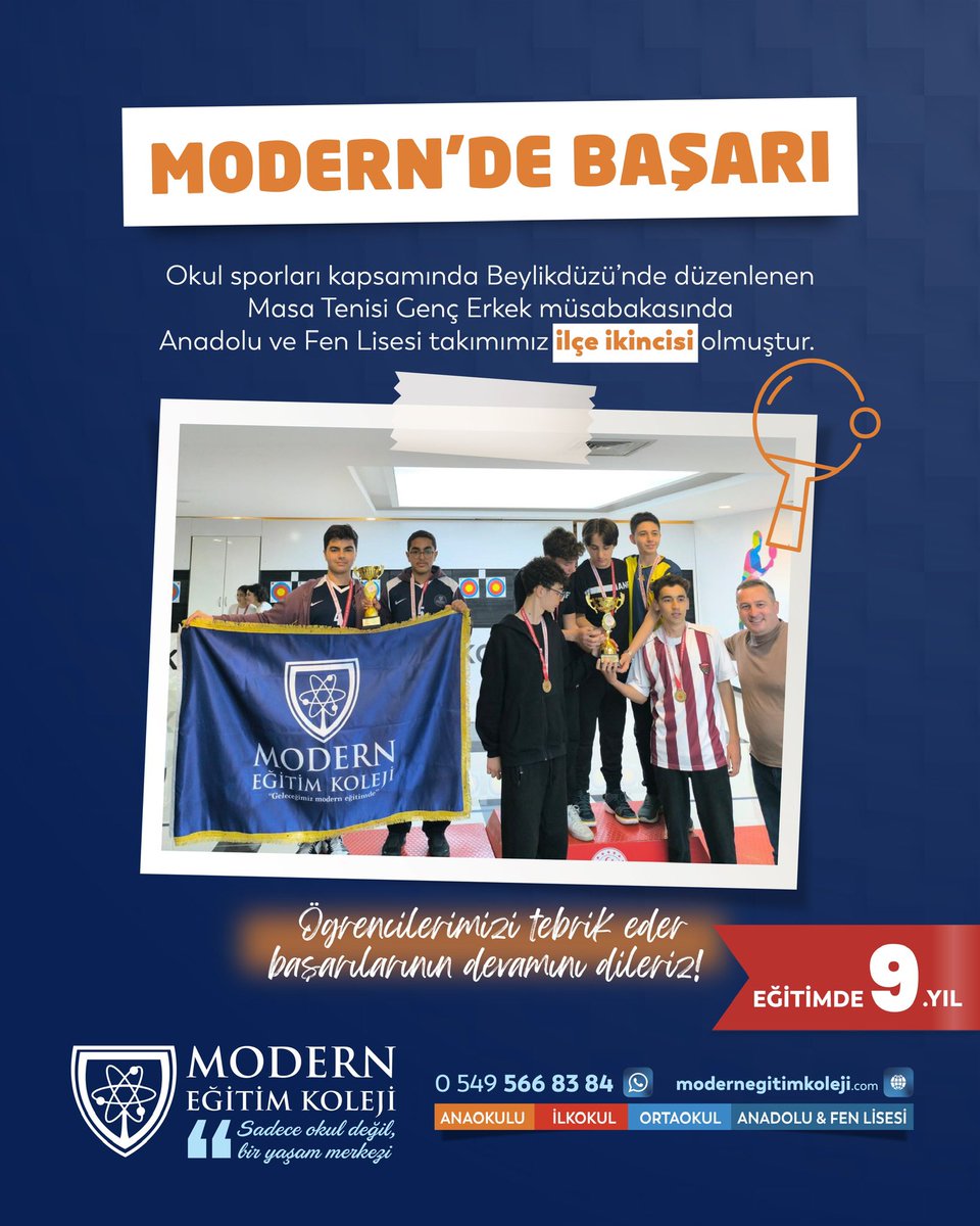 Okul Sporları kapsamında Beylikdüzü ilçemizde yapılan Masa Tenisi Genç Erkek müsabakasına katılan Modern Eğitim Koleji  Anadolu ve Fen Lisesi Masa Tenisi Takımı öğrencilerimiz ilçe 2. olmuştur. 
Öğrencilerimiz tebrik eder, başarılarının devamını dileriz.