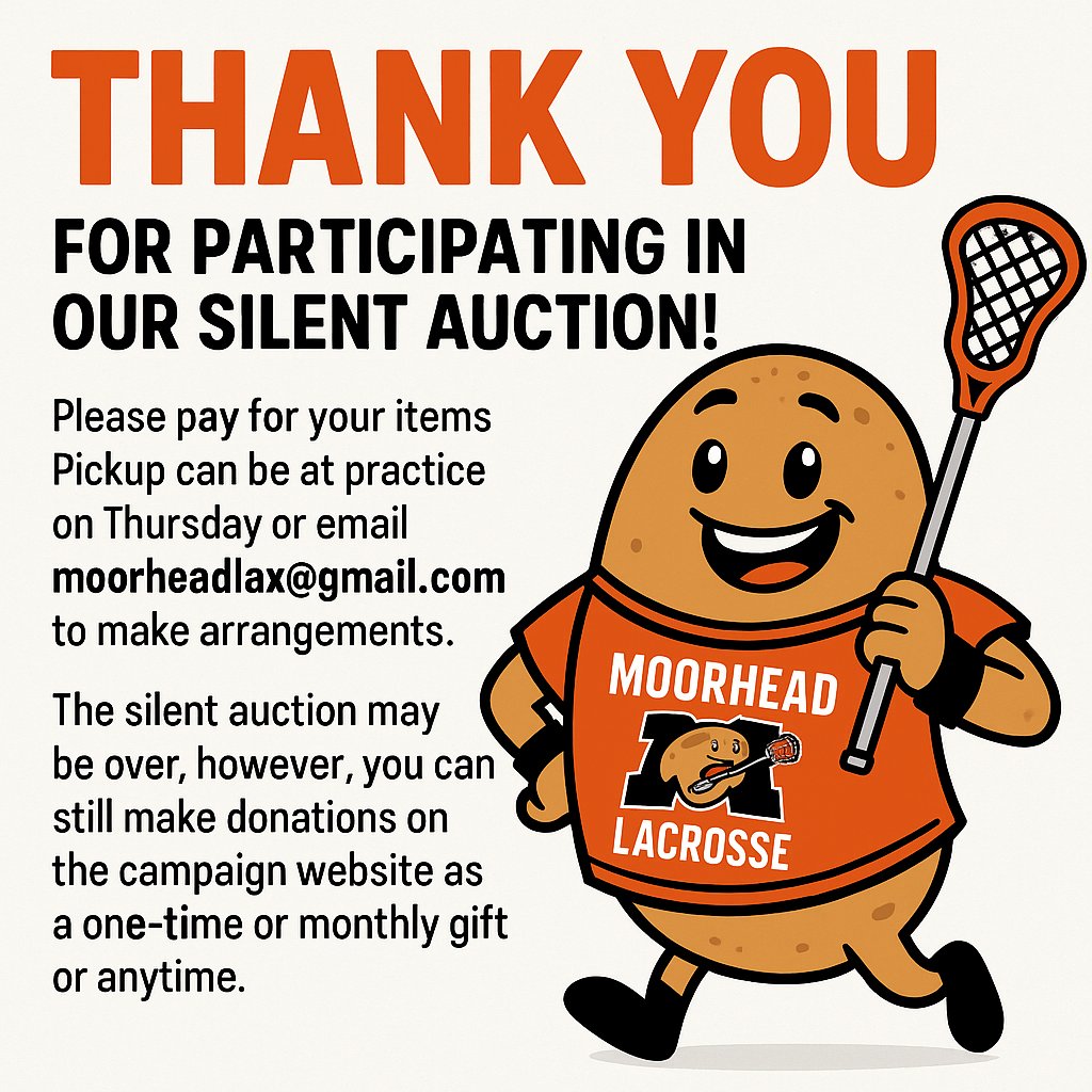 A huge shoutout to everyone who bid, shared, and supported our silent auction — we’re so grateful for your generosity! Still want to support Moorhead Youth Lacrosse? It’s not too late! You can still donate through our campaign website. Thank you for being part of our lax family!