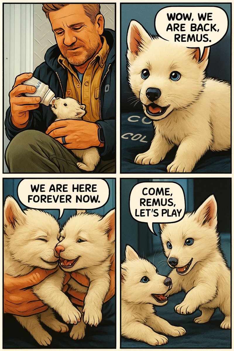 RemusWolfCTO's tweet image. - Daily Comic - Day 6 -

Enjoy these cute little wolves before they reach adulthood. The moment to see those eyes again after 10,000 years must have been indescribable, or @colossal ?

Lets Play with your Brother $Remus 🐺 

- Join us on Solana - #Awooo