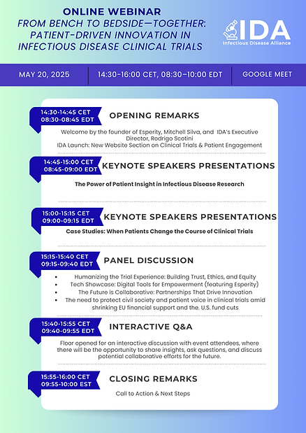 IDAlliance_'s tweet photo. Happy #ClinicalTrialsDay! 🧪🔬
Join our upcoming webinar: "Patient-Driven Innovation in Infectious Disease Clinical Trials" - co-hosted by the IDA and @Esperity. 🔗https://t.co/xBq0jyyXCK https://t.co/u45hkS2eO1