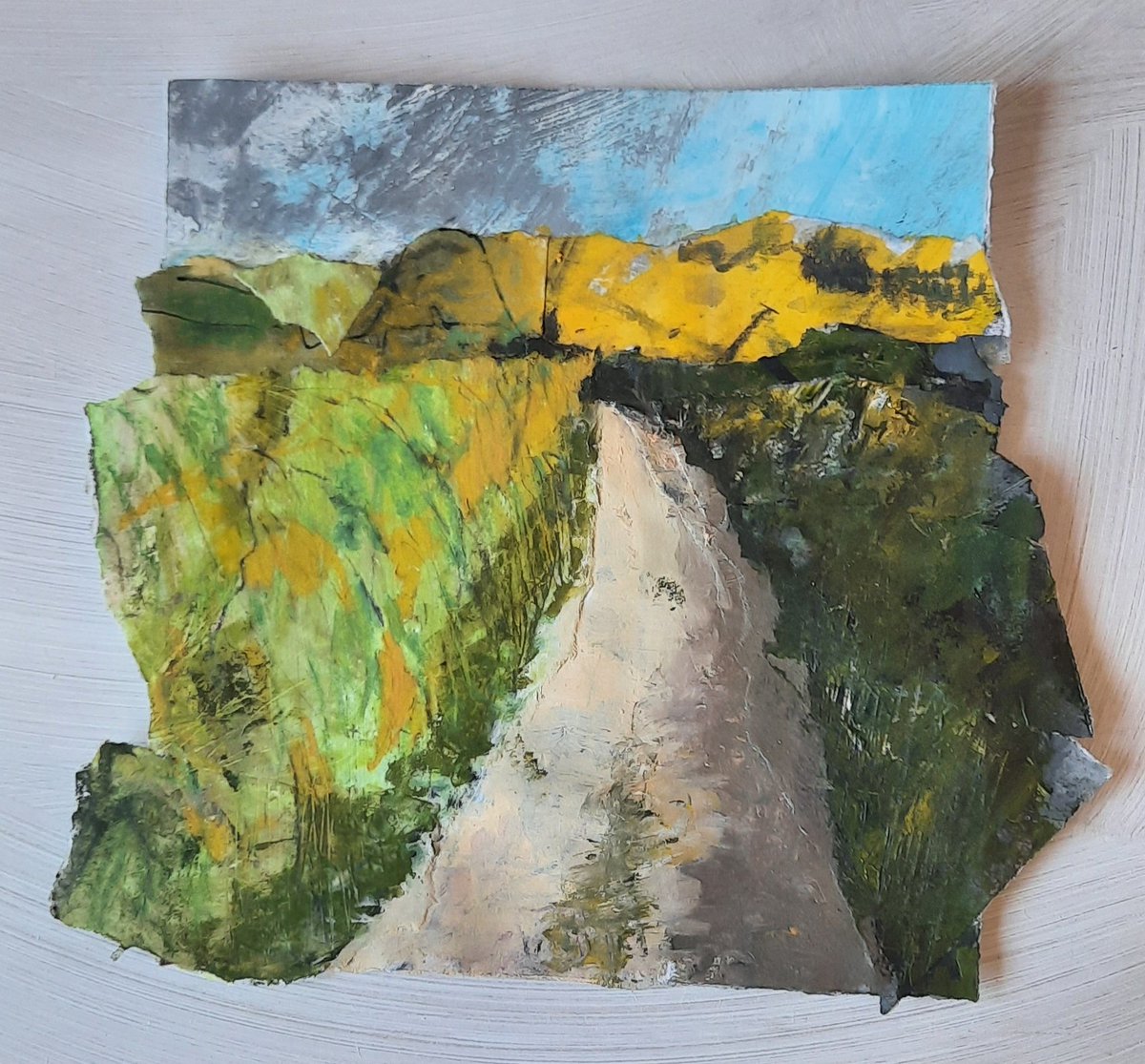 Gorse is mighty fine this year, wouldn't you say? Loving landscape again.
I miss you. 
 #mixedmedia #welshart