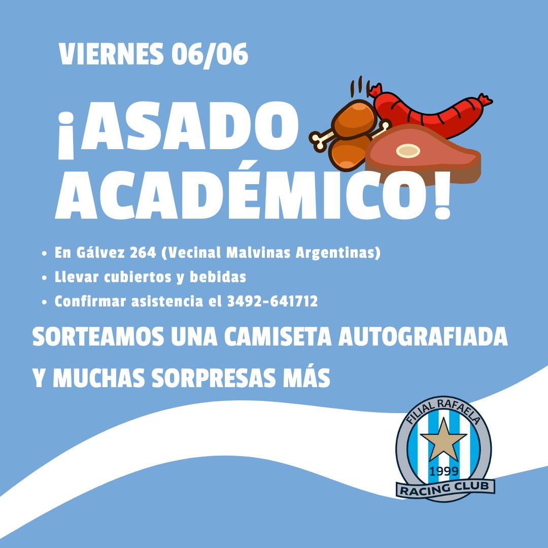 🩵 ¡Nos volvemos a encontrar y no te lo podes perder! Te esperamos el viernes 06/06 desde las 20:30

👉🏻 No te olvides de confirmar tu asistencia al evento (tenes tiempo hasta el 05/06)

🙌🏻 Muchas gracias y aguante RACING