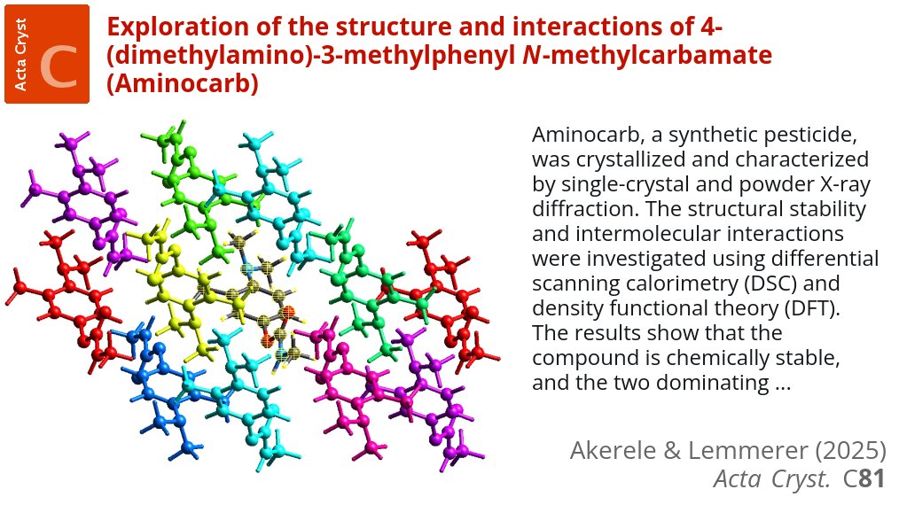 ActaCrystC's tweet photo. Structure and interactions of Aminocarb @ActaCrystC @IUCr https://t.co/HYgOJpONod @WitsUniversity @WitsSCC #URIC #crystalstructure #noncovalent #DFT #aminocarb #synthetic #pesticide #crystallography #openaccess https://t.co/YUxu8lgYaT