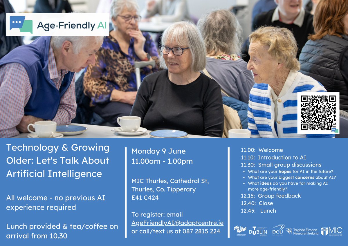 Mary Immaculate College (MIC) (@miclimerick) on Twitter photo Enterprise and Community Engagement at MIC are collaborating with the <a href="/AdaptCentre/">The ADAPT Centre</a> and <a href="/WeAreTUDublin/">TU Dublin / OT Baile Átha Cliath</a> on the ‘Age Friendly AI’ initiative, which seeks to include older adults in use of Artificial Intelligence.
Click here to find out more and to register: shorturl.at/V7nyu Enterprise and Community Engagement at MIC are collaborating with the <a href="/AdaptCentre/">The ADAPT Centre</a> and <a href="/WeAreTUDublin/">TU Dublin / OT Baile Átha Cliath</a> on the ‘Age Friendly AI’ initiative, which seeks to include older adults in use of Artificial Intelligence.
Click here to find out more and to register: shorturl.at/V7nyu