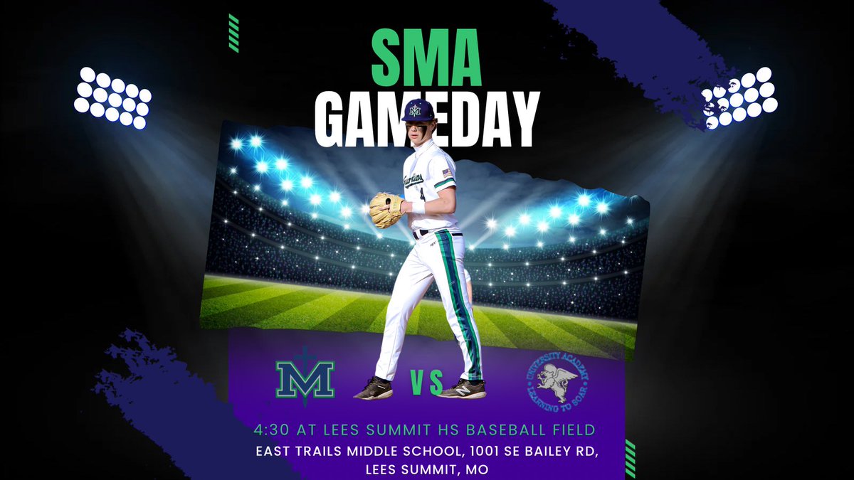 SMA GAMEDAY- District play! 
⌚️6:00pm
🆚 University Academy
📍 Lees Summit HS Field @ East Trails Middle School
🗡️🛡️⚾️ #guardup #smabaseball
