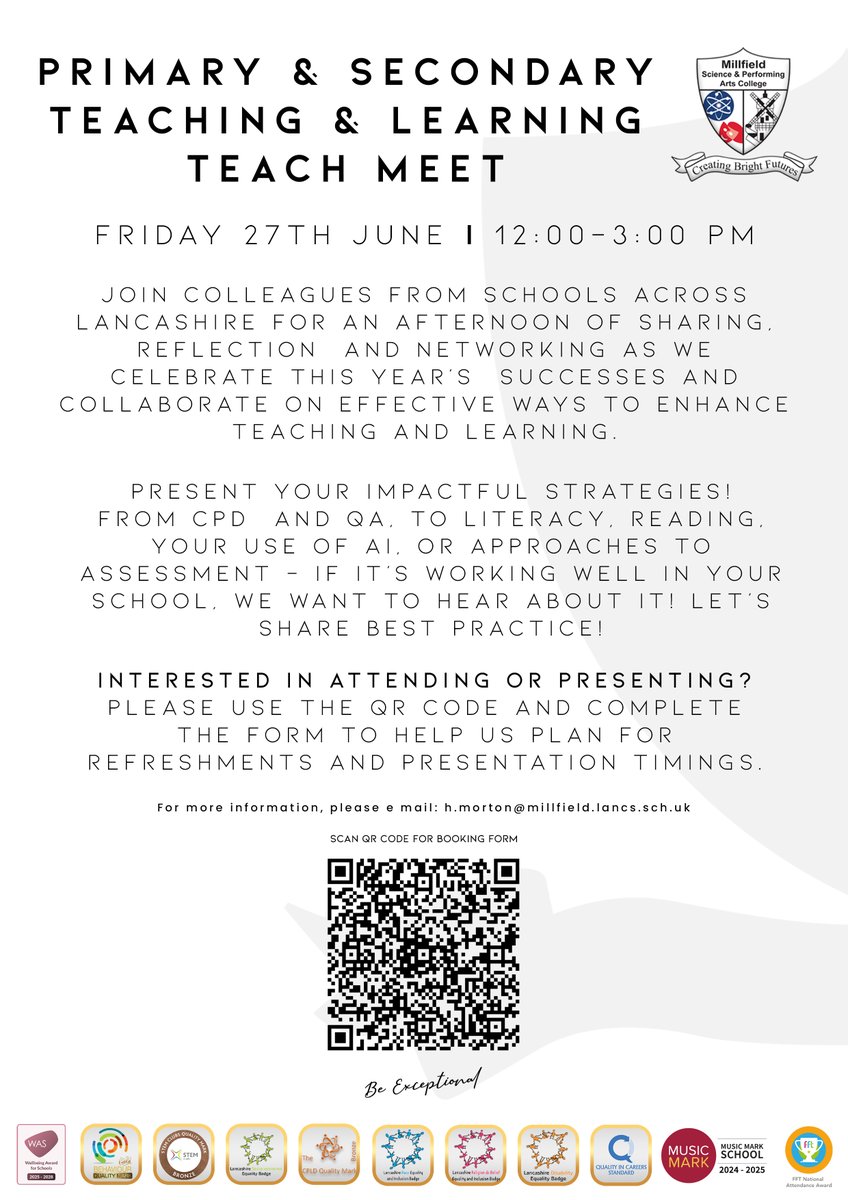 We're hosting a T&amp;L Teach Meet for Lancashire primary and secondary teachers. 
Full details in the poster below. 
#TeamMillfield
#BeExceptional