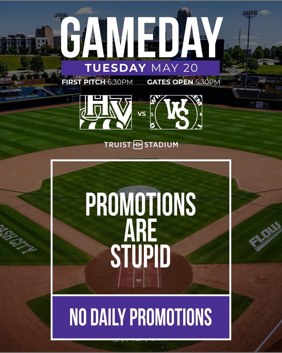 WSDashBaseball's tweet photo. For all those saying, "just stick to baseball" or "quit playing as other names, you are the Winston-Salem Dash", tonight at Truist Stadium is for you! We've seen your social media comments and think you could be on to something. 

Tonight, during Promotions are Stupid Night, we'll have no giveaways, no specialty food items, nothing crazy on the videoboard... JUST BASEBALL as the Winston-Salem Dash!

🎟️ https://t.co/v1cviriPpp
⚾️ First Pitch is at 6:30PM 
👜 Truist Stadium enforces a Clear Bag Policy. For info on sizes & exceptions visit https://t.co/1FGOFcqt2A
💳 Truist Stadium is now cashless. All concessions stands, team stores and the box office are card only.