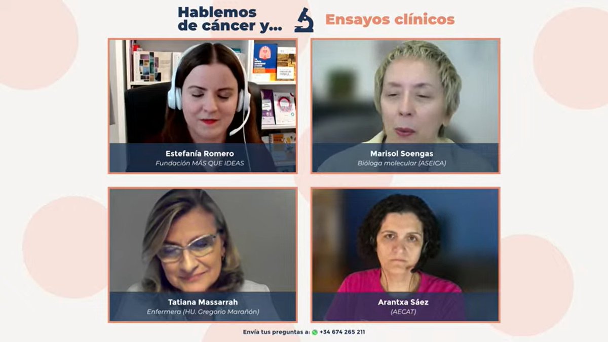 Diego Villalón (@diegovillalon_) on Twitter photo Increíble contar con estas personas en el seminario HABLEMOS DE CÁNCER Y ENSAYOS CLÍNICOS
🔵Tatiana Massarrah (enfermera)
🔵<a href="/saezatxa/">Arantxa Sáez 💜</a> (<a href="/aecat_es/">AECAT</a>)
🔵 <a href="/msmelanoma/">Marisol Soengas</a> (investigadora -<a href="/ASEICAnews/">ASEICA</a> )
🔵<a href="/EstefaniaRom91/">Estefanía Romero</a> (<a href="/FundacionMQI/">Fundación MÁS QUE IDEAS</a>)
Puedes verlo aquí: youtube.com/watch?v=Xn2czy… Increíble contar con estas personas en el seminario HABLEMOS DE CÁNCER Y ENSAYOS CLÍNICOS
🔵Tatiana Massarrah (enfermera)
🔵<a href="/saezatxa/">Arantxa Sáez 💜</a> (<a href="/aecat_es/">AECAT</a>)
🔵 <a href="/msmelanoma/">Marisol Soengas</a> (investigadora -<a href="/ASEICAnews/">ASEICA</a> )
🔵<a href="/EstefaniaRom91/">Estefanía Romero</a> (<a href="/FundacionMQI/">Fundación MÁS QUE IDEAS</a>)
Puedes verlo aquí: youtube.com/watch?v=Xn2czy…