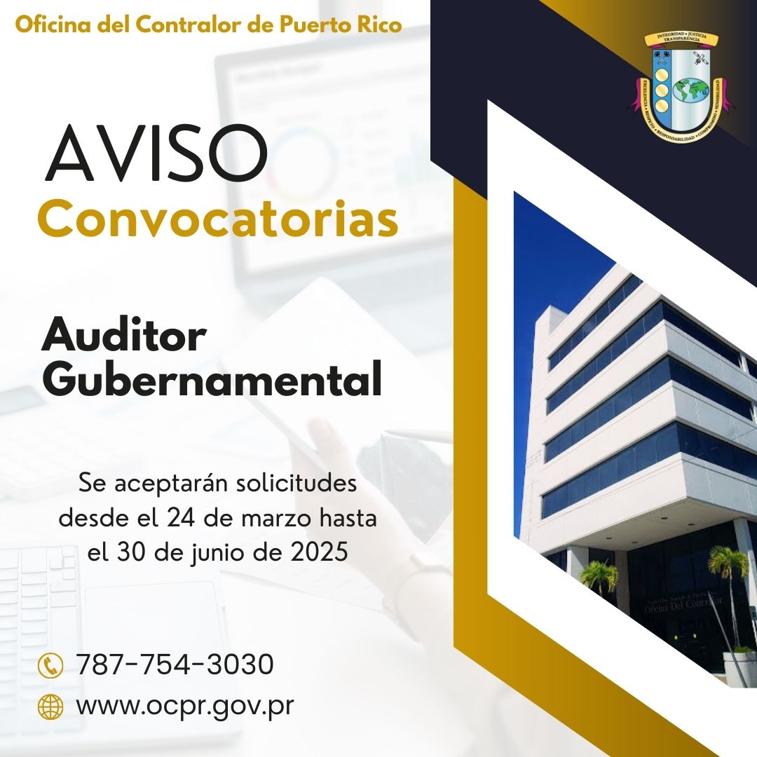 📢📢Convocatorias - Únete a nuestro equipo de trabajo como:
▪️Auditor Gubernamental

ocpr.gov.pr/informacion-y-…

#Convocatoria #empleospr #auditor #ocprinforma