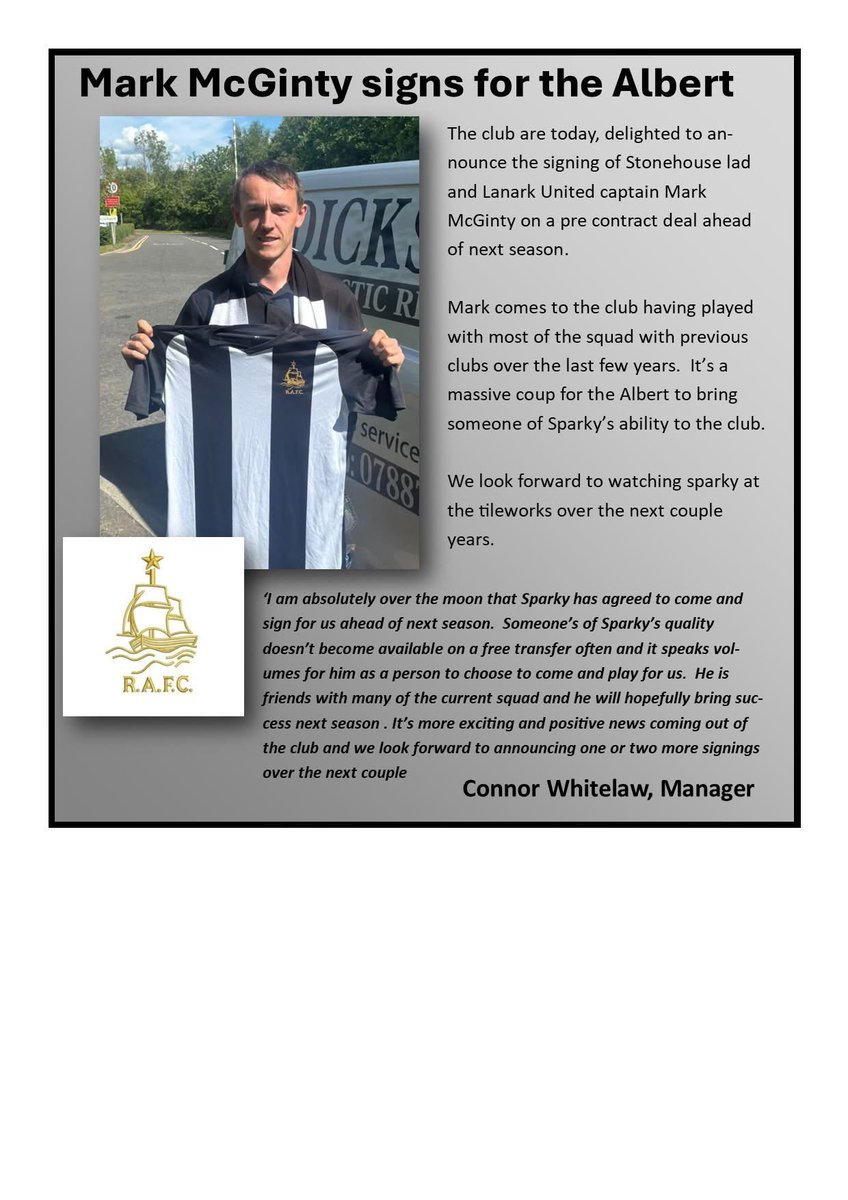 Sparky signs with the Albert 🖤🖤 <a href="/OfficialWoSFL/">West of Scotland Football League 🏴󠁧󠁢󠁳󠁣󠁴󠁿</a>  <a href="/pieandbov/">Pie & Bovril 🏴󠁧󠁢󠁳󠁣󠁴󠁿</a>  <a href="/GroundhopScot/">GroundhopScot 🏴󠁧󠁢󠁳󠁣󠁴󠁿</a>  <a href="/TheJuniorPuffer/">The Non-League Junior Puffer</a>  <a href="/Pyramidpro2025/">Pyramid Promotions</a>  <a href="/satfootballlive/">Saturday Football Live</a>  <a href="/LanLiveSport/">Lanarkshire Live Sport</a>  <a href="/SMMediaEnt/">SM Media</a>