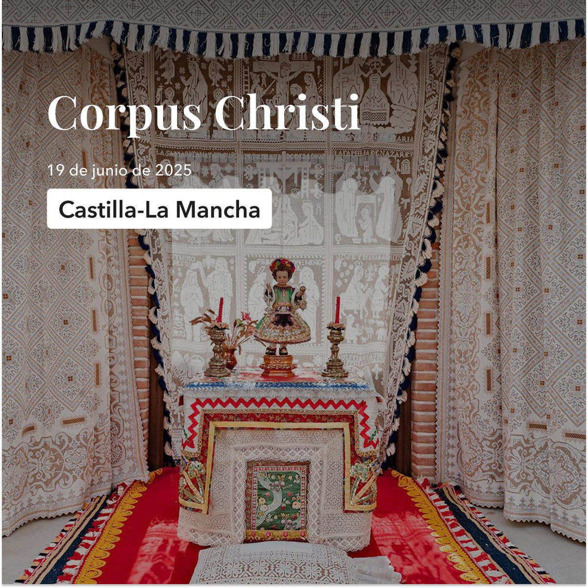 El Corpus Christi en Castilla-La Mancha es pura tradición. 🌸
🗓️ Cita: 19 de junio, con celebraciones toda la semana en pueblos y ciudades.
Toledo, Camuñas, Lagartera, Porzuna, Valverde de los Arroyos, Elche de la Sierra, etc. ¡Cada rincón lo vive a su manera!
📍Ven a sentirlo.