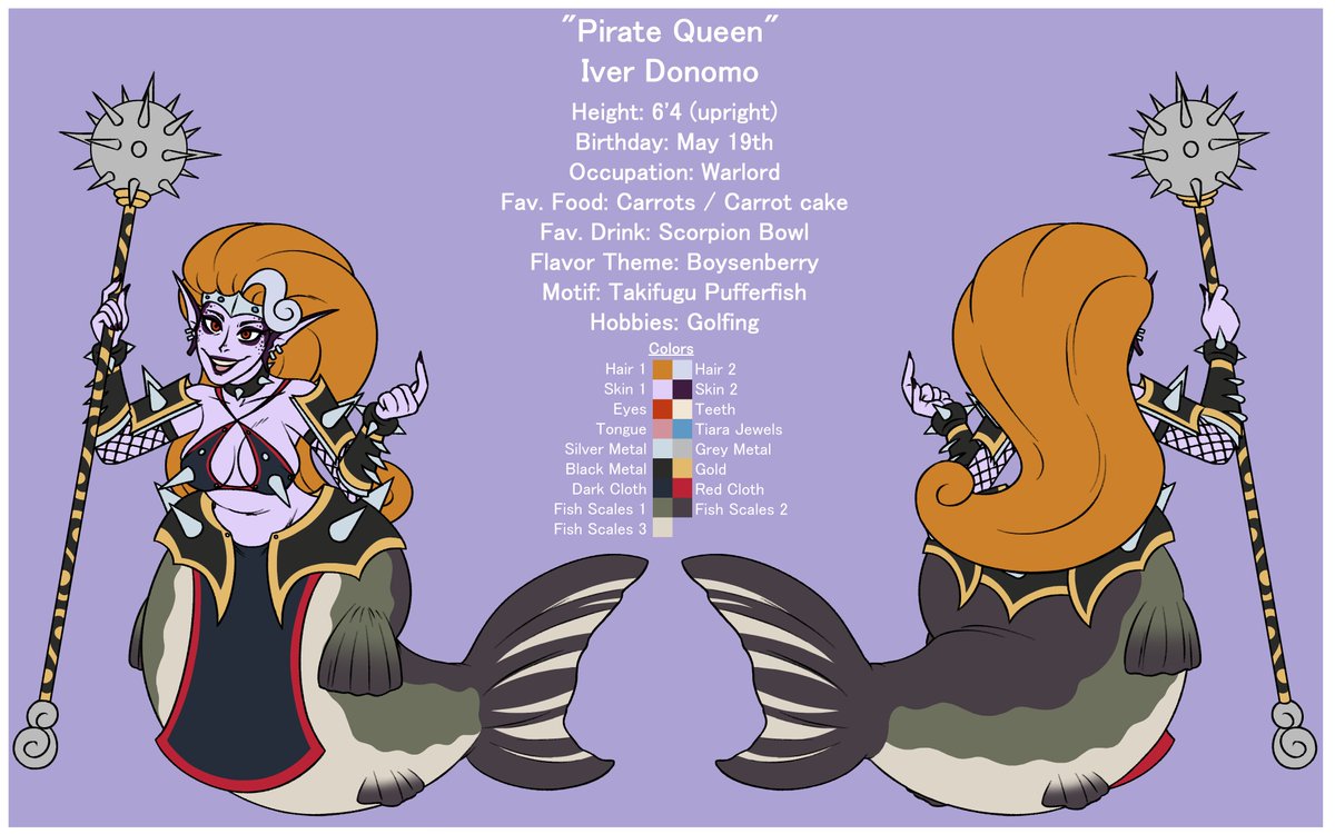 Since it's MerMay, here's a reference sheet for Iver Donomo, the self-proclaimed Pirate Queen of the Starlit Sea. A former drow warlord turned mermaid to retire in secrecy, only to get bored of retirement and return to action.