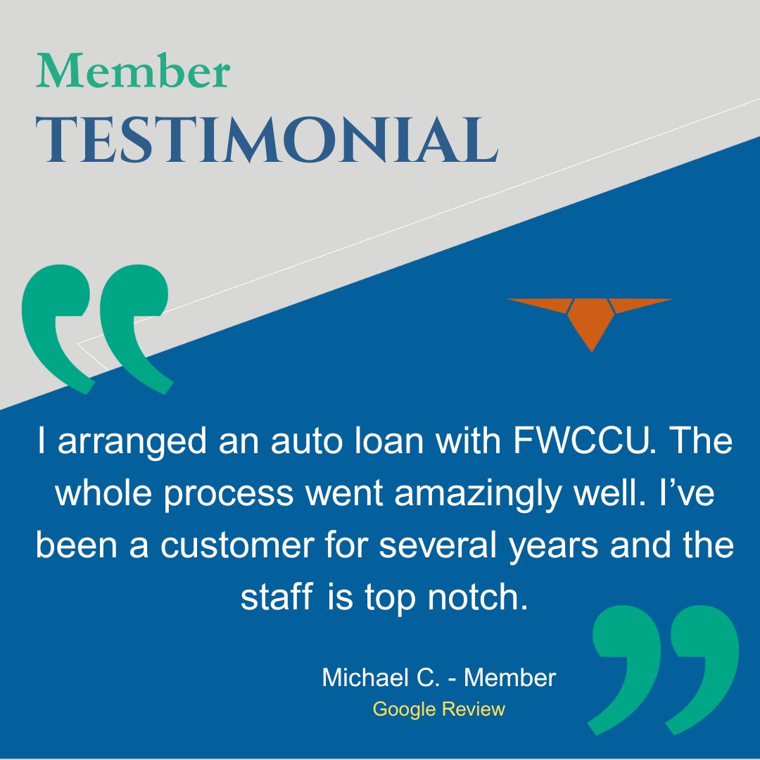 FWCCU's tweet image. Michael C. said his FWCCU auto loan went “amazingly well” and called our staff “top notch.” 🙌 We’ll take it!

See why members choose us for their ride → fwccu.org/vehicle-loans

#TestimonialTuesday #FWCCU #AutoLoans #TopNotchTeam