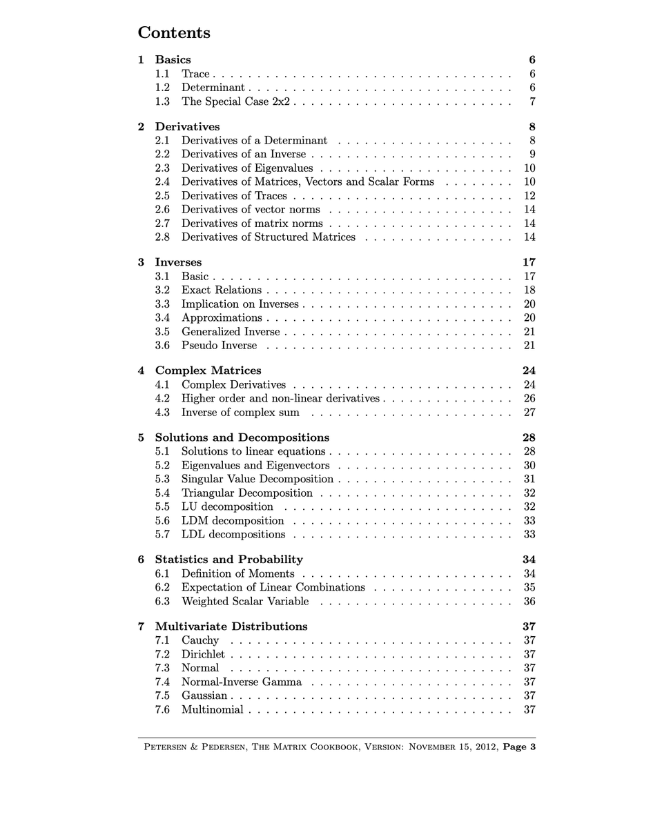 curiousZeedX's tweet photo. The Matrix Cookbook from University of Waterloo is a 
concise “cheat-sheet” of hundreds of matrix identities, derivatives, decompositions, and statistical formulas you’ll reach for whenever linear-algebra gets hairy; 

Perfect as a desktop reference to speed up proofs and ML math.