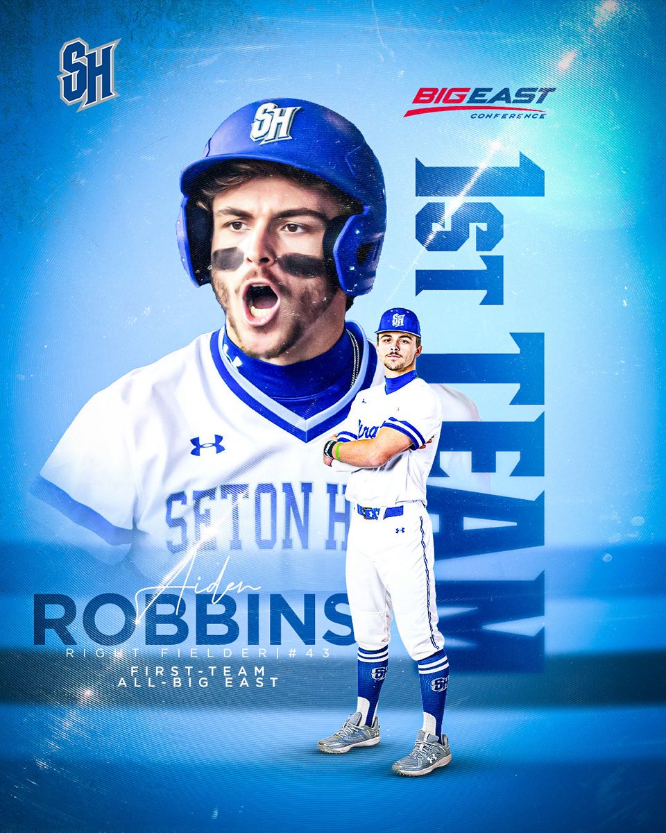 Congratulations to Aiden Robbins on his first-team All-BIG EAST recognition! He was the BIG EAST overall batting champion at .422 &amp; top-3 in OPS, runs scored, doubles &amp; triples! #HALLin #NeverLoseYourHustle 🔵⚪️