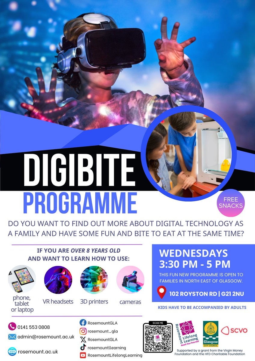 We had a great time during our last DigiBite session! 🎮✨
It was so interesting to explore virtual reality — always exciting to see our learners discovering new tech! 🙌💡
Join us 📅every Wednesday at 3:30 - 5 pm
📍102 Royston Road, G21 2NU