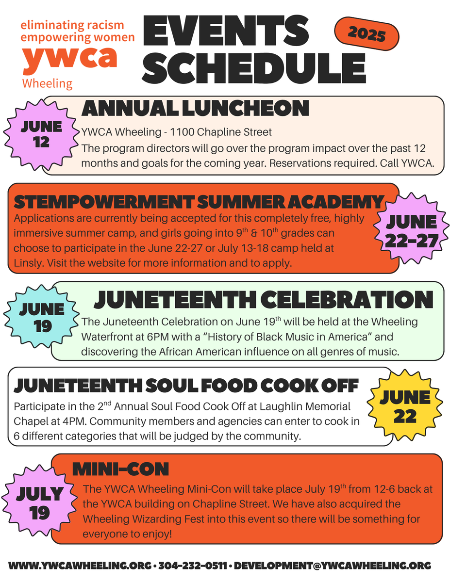 🌟 Mark Your Calendars! 🌟
We’ve got a full lineup of events coming your way at YWCA Wheeling — and you’re invited!

📅 Swipe to see what’s coming up and make plans to join us!
Let’s come together to uplift, empower, and support our community. 💜

#YWCAWheeling #CommunityStrong