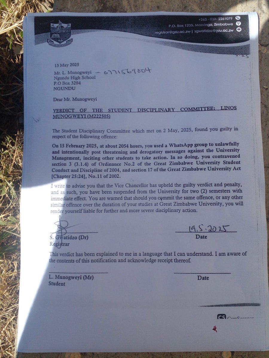 Enough is enough! 

Students shouldn't be persecuted for exercising their right to free speech on campus. It’s only in Zimbabwe where students are being suspended for being a group admin.We condemn the crackdown on student voices demanding better administration.