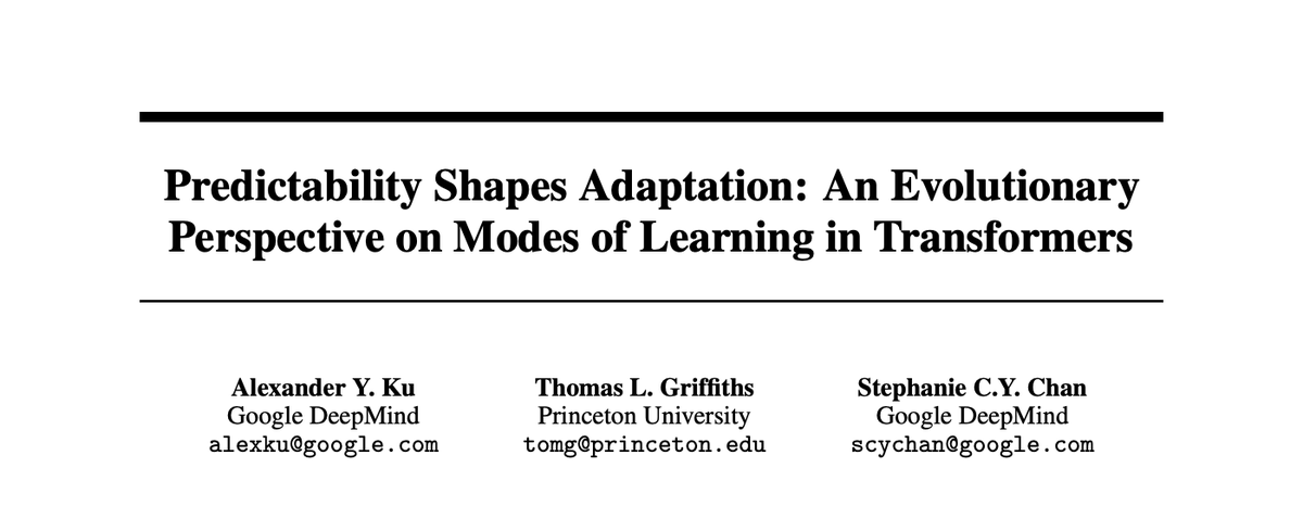 alex_y_ku's tweet image. (1/11) Evolutionary biology offers powerful lens into Transformers learning dynamics! Two learning modes in Transformers (in-weights & in-context) mirror adaptive strategies in evolution. Crucially, environmental predictability shapes both systems similarly.