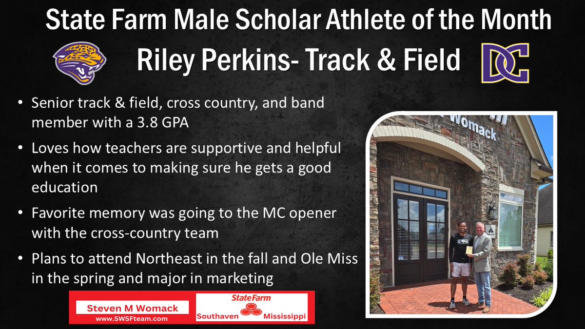 DeSoto Central Athletics (@athletics_dc) on Twitter photo Congratulations to the State Farm Scholar Athletes for May: Anna-Kate Faulkner (softball) and Riley Perkins (track & field). We appreciate the support of Steve Womack and the recognition of our student athletes who excel in the classroom! <a href="/SWSFAGENTMS/">Steven Womack State Farm - Mississippi</a> Congratulations to the State Farm Scholar Athletes for May: Anna-Kate Faulkner (softball) and Riley Perkins (track & field). We appreciate the support of Steve Womack and the recognition of our student athletes who excel in the classroom! <a href="/SWSFAGENTMS/">Steven Womack State Farm - Mississippi</a>