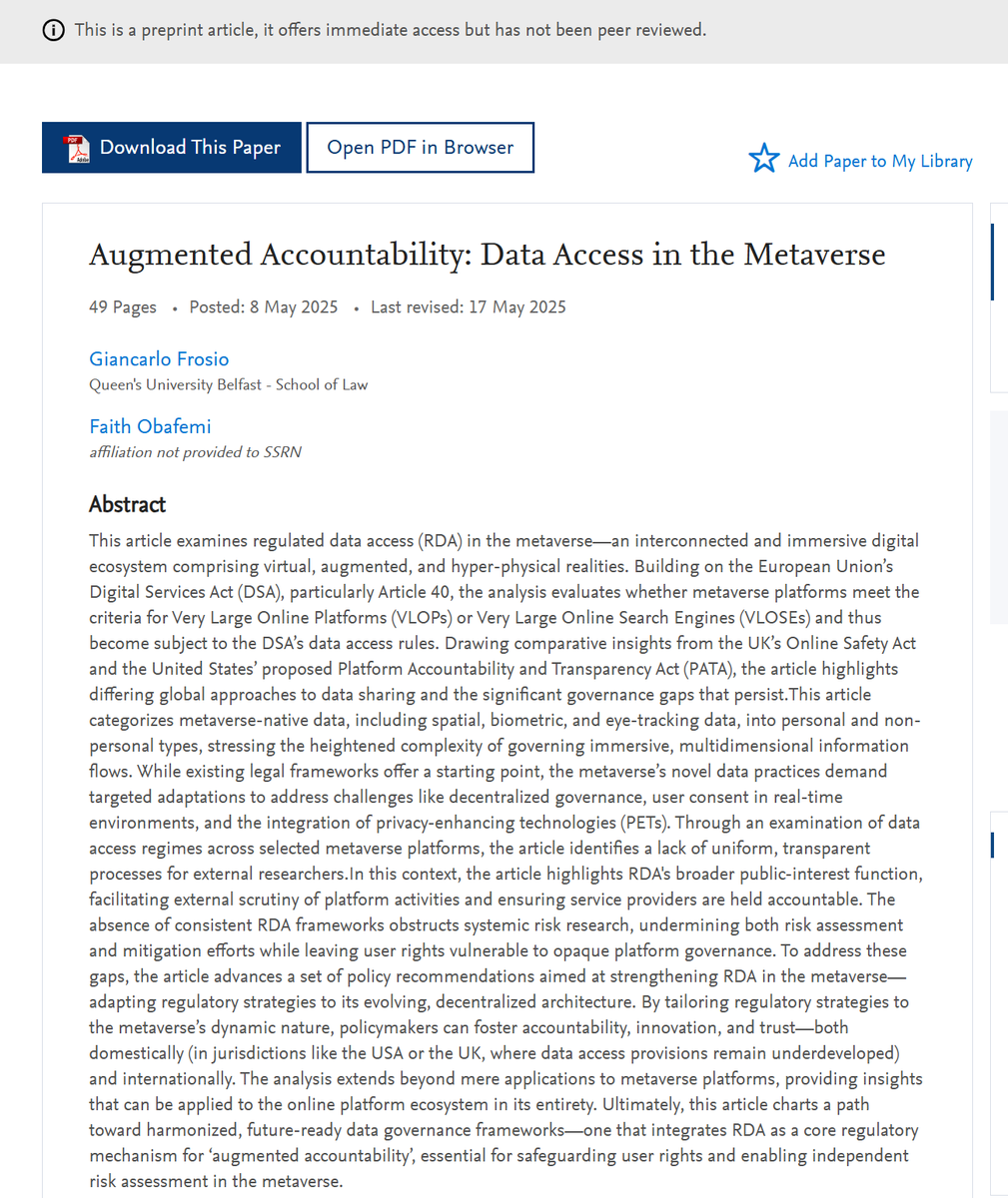 Giancarlo Frosio (@gcfrosio) on Twitter photo A preprint of my latest article "Augmented Accountability", discussing #Metaverse #Regulation, #DataAccess, #Platforms, #RiskMitigation, and #FundamentalRights is available on <a href="/SSRN/">SSRN</a>: papers.ssrn.com/sol3/papers.cf… <a href="/qubschooloflaw/">QUB School of Law</a> <a href="/GIPTechCentre/">G-IPTech Centre</a> <a href="/FaithObafemiEsq/">Faith Obafemi</a> A preprint of my latest article "Augmented Accountability", discussing #Metaverse #Regulation, #DataAccess, #Platforms, #RiskMitigation, and #FundamentalRights is available on <a href="/SSRN/">SSRN</a>: papers.ssrn.com/sol3/papers.cf… <a href="/qubschooloflaw/">QUB School of Law</a> <a href="/GIPTechCentre/">G-IPTech Centre</a> <a href="/FaithObafemiEsq/">Faith Obafemi</a>
