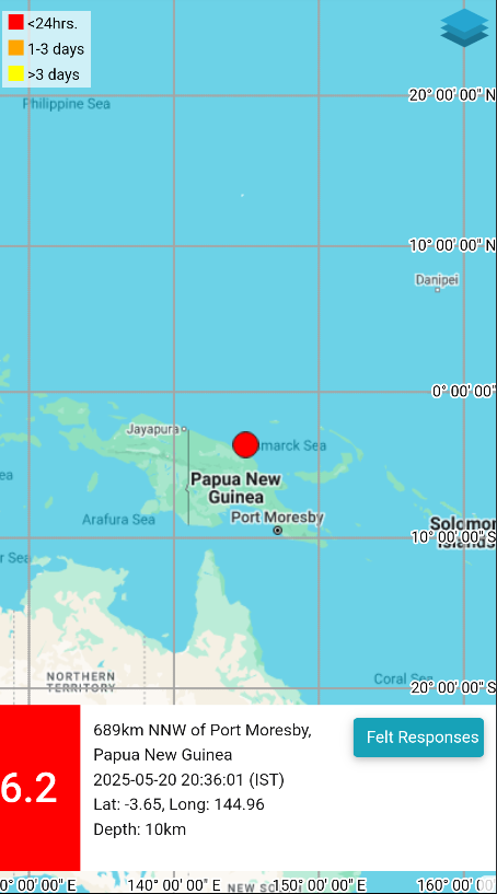 EQ of M: 6.2, On: 20/05/2025 20:36:01 IST, Lat: 3.65 S, Long: 144.96 E, Depth: 10 Km, Location: Near North Coast of Papua New Guinea. 
For more information Download the BhooKamp App 
riseq.seismo.gov.in/riseq/earthqua… 
<a href="/DrJitendraSingh/">Dr Jitendra Singh</a> 
<a href="/OfficeOfDrJS/">Office of Dr. Jitendra Singh</a> 
<a href="/Ravi_MoES/">Ravi</a>  
<a href="/Dr_Mishra1966/">Dr. O. P. Mishra</a>