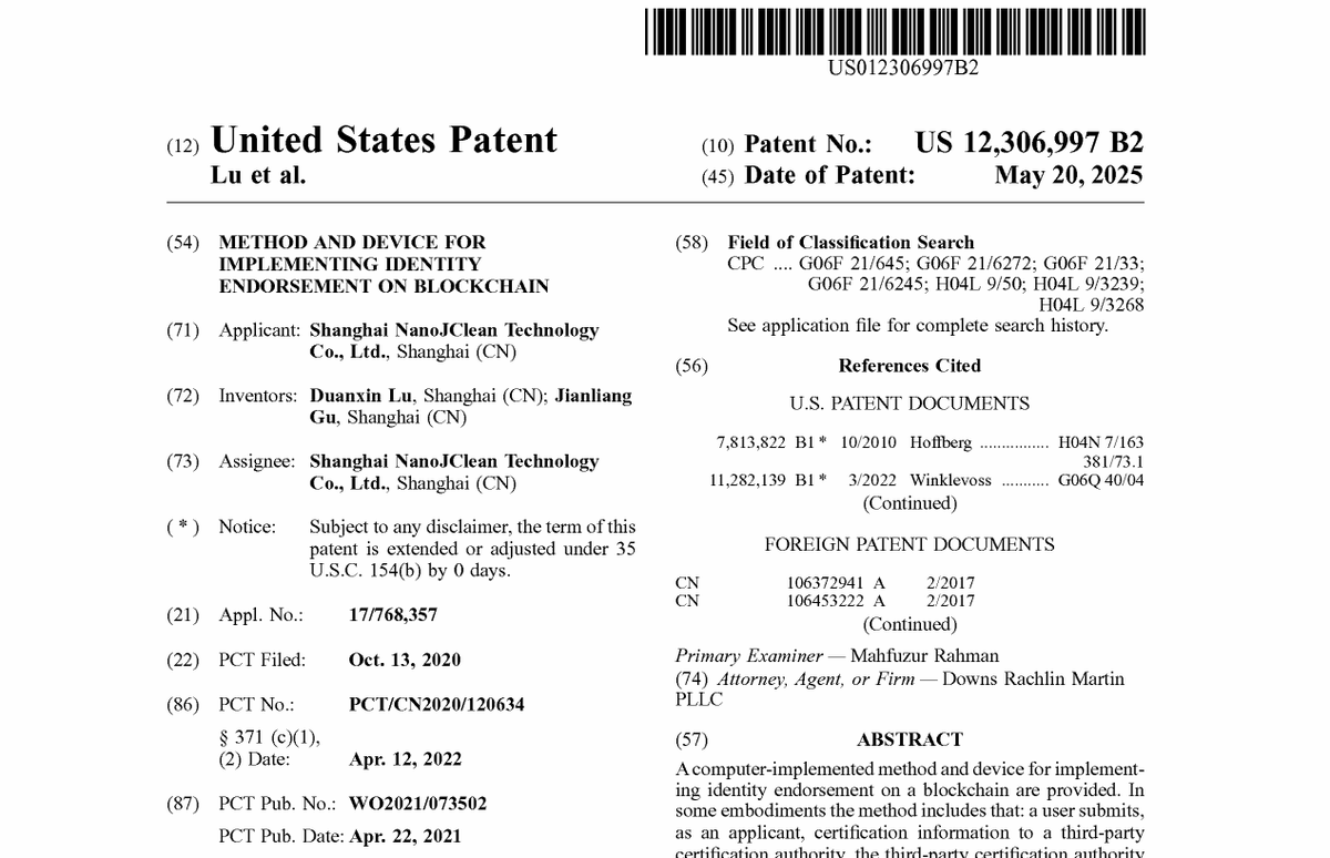 APRIL5TRAWBERRY's tweet photo. π #VeChain secures new US patent via #NanoJClean
Patent "Method and device for implementing identity endorsement on blockchain" was granted #today, 20 May 2025.
The invention enables verification of a user's real identity on a blockchain without storing sensitive personal information
#vefam $vet #vechain