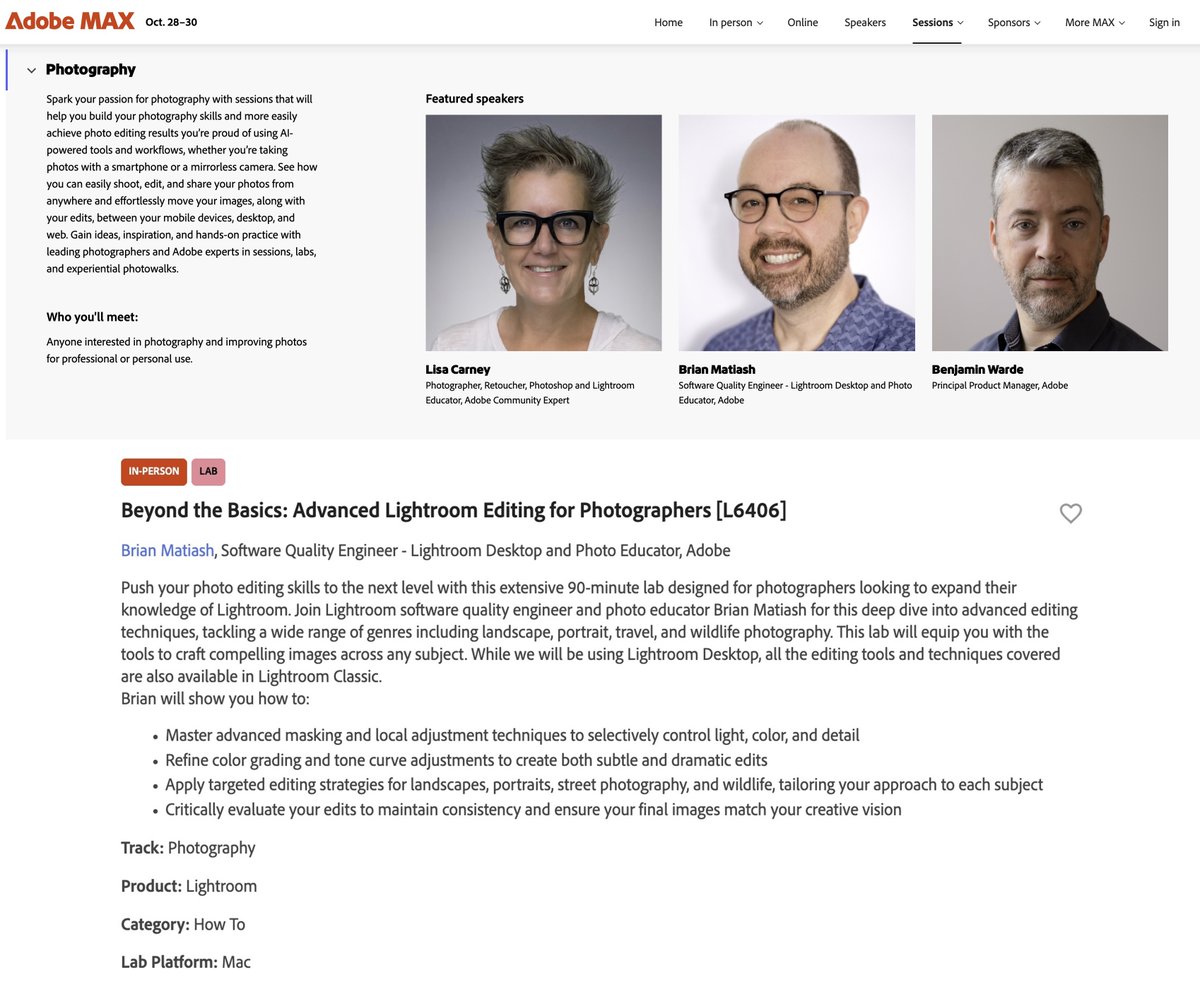 Let's do it again! I'm SO thrilled to return as a featured speaker for the Photography track at <a href="/adobemax/">Adobe MAX</a> in LA! We'll be diving deep into the power of <a href="/Lightroom/">Adobe Lightroom</a> editing. Be sure to register, and I'll see you there! max.adobe.com